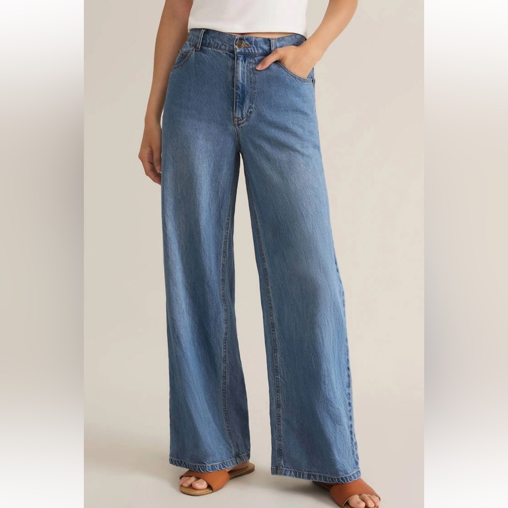 Z Supply wide leg Light Blue Flare Jeans Mia Luxe Soft Denim Pant worn indigo